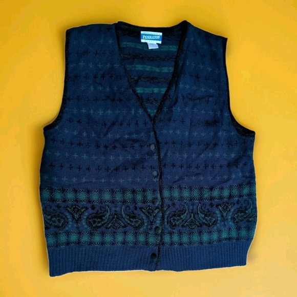 Pendleton Jackets & Blazers - Vtg USA-Made PENDLETON Womens L Classic Wool Blend Blue Green Vest Christmas